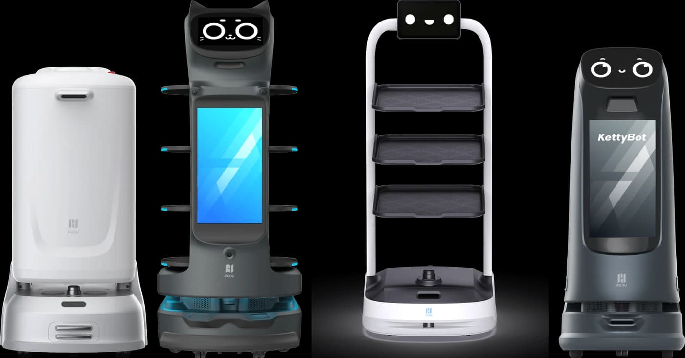 Pudu FlashBot Max, BellaBot Pro, PuduBot 2 ve KettyBot Pro servis robotları yan yana